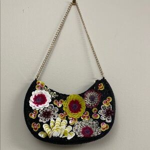 Floral Embellished Black Shoulder Bag
